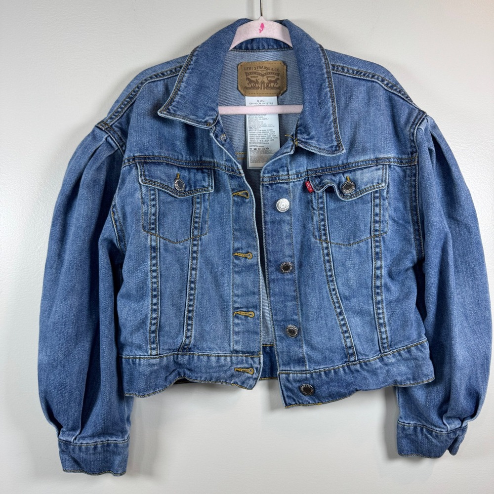 Levi's Puff‎ Sleeve Denim Jacket Girls 10-12 Wash Blue Trucker Jean Jacket